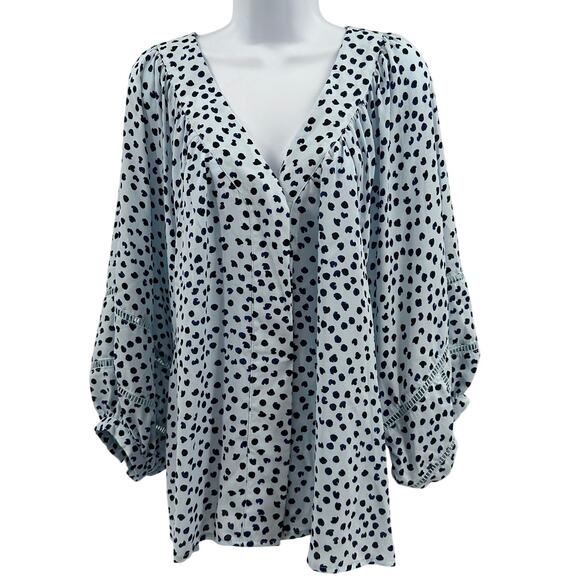 Zac & Rachell Blouse Sz XL Vendana Blue Printed 3/4 Balloon Puff Sleeves V-Neck - Picture 1 of 12